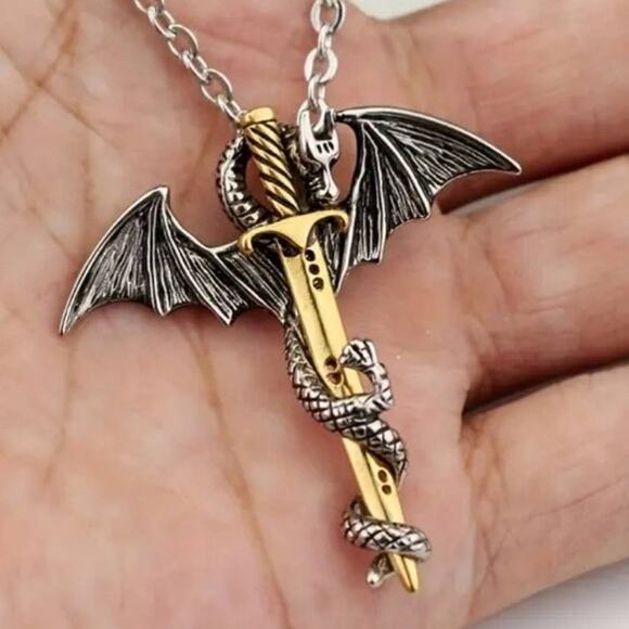 Sword Dragon Necklace Chain Pendant Silver Gold D&D Dungeons Dragons Solid - NEW - Picture 1 of 4